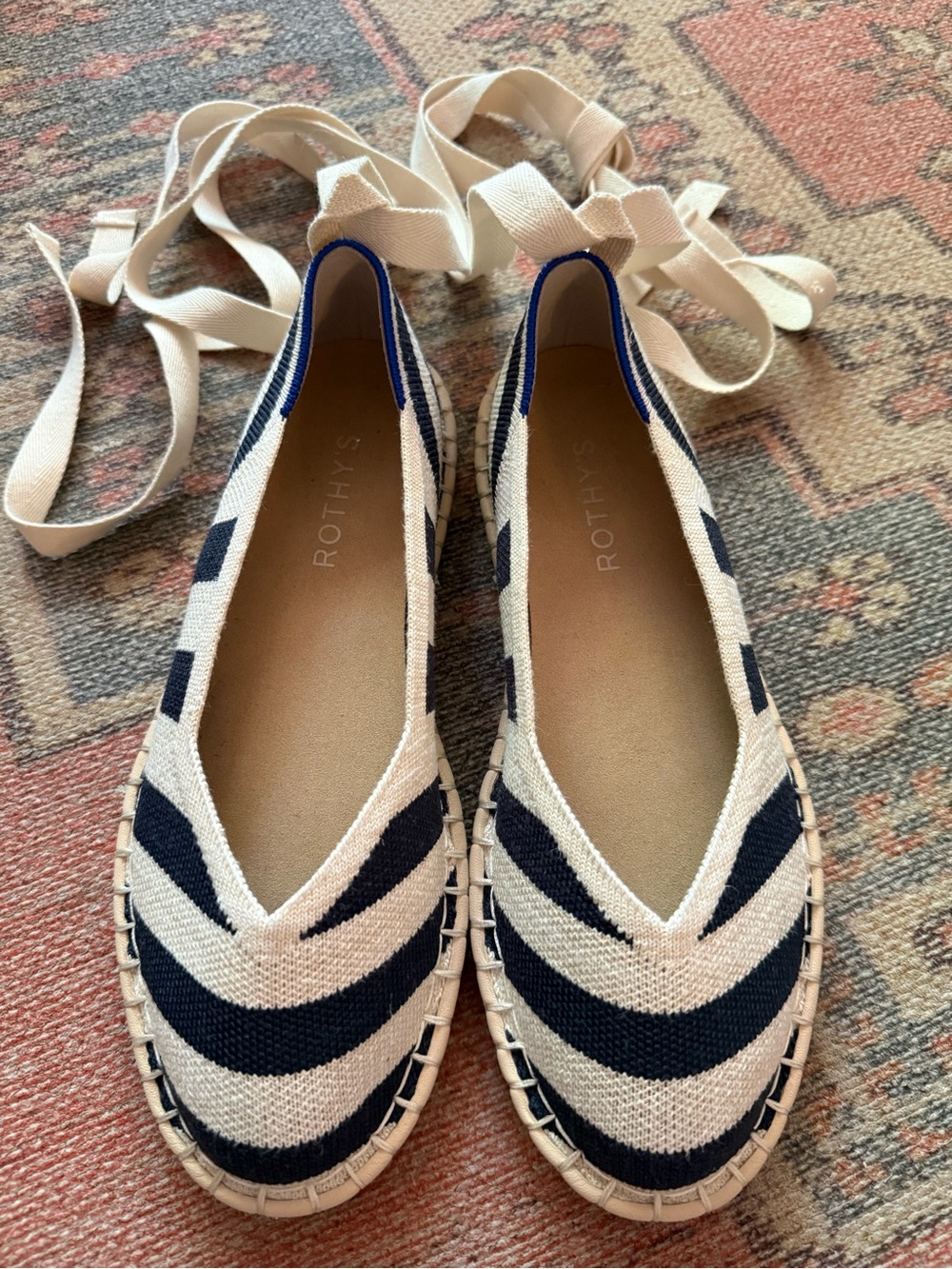 Rothy's Navy & Cream Striped Tie Espadrille Flats